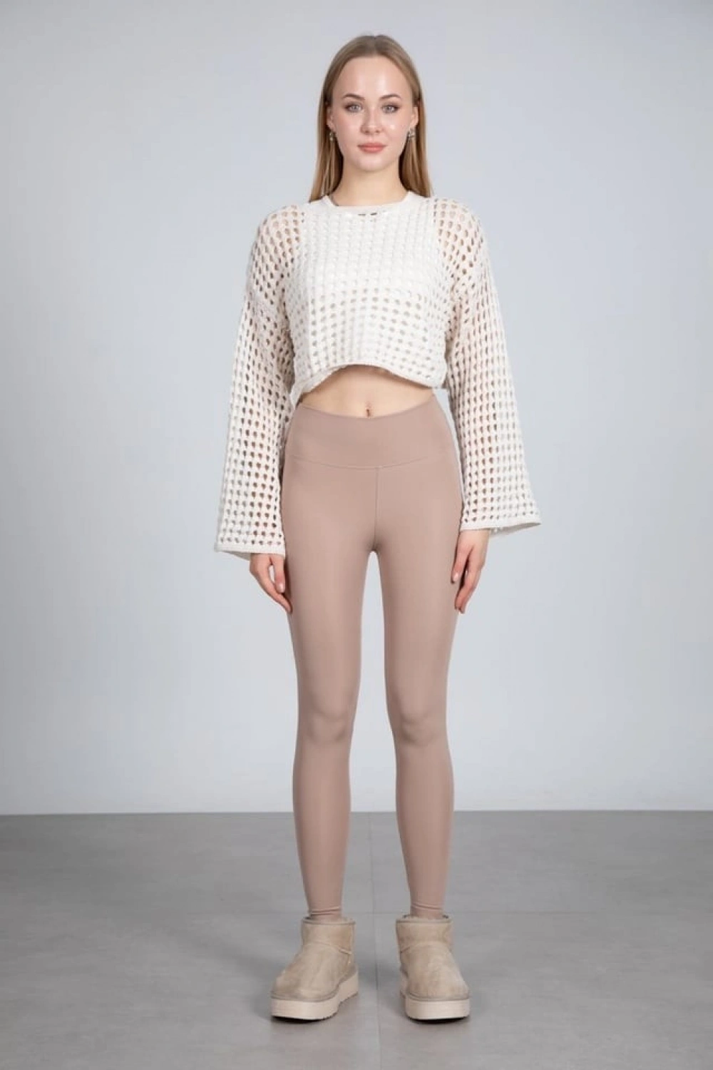 Ekru Ajurlu Crop Bluz - Ekru