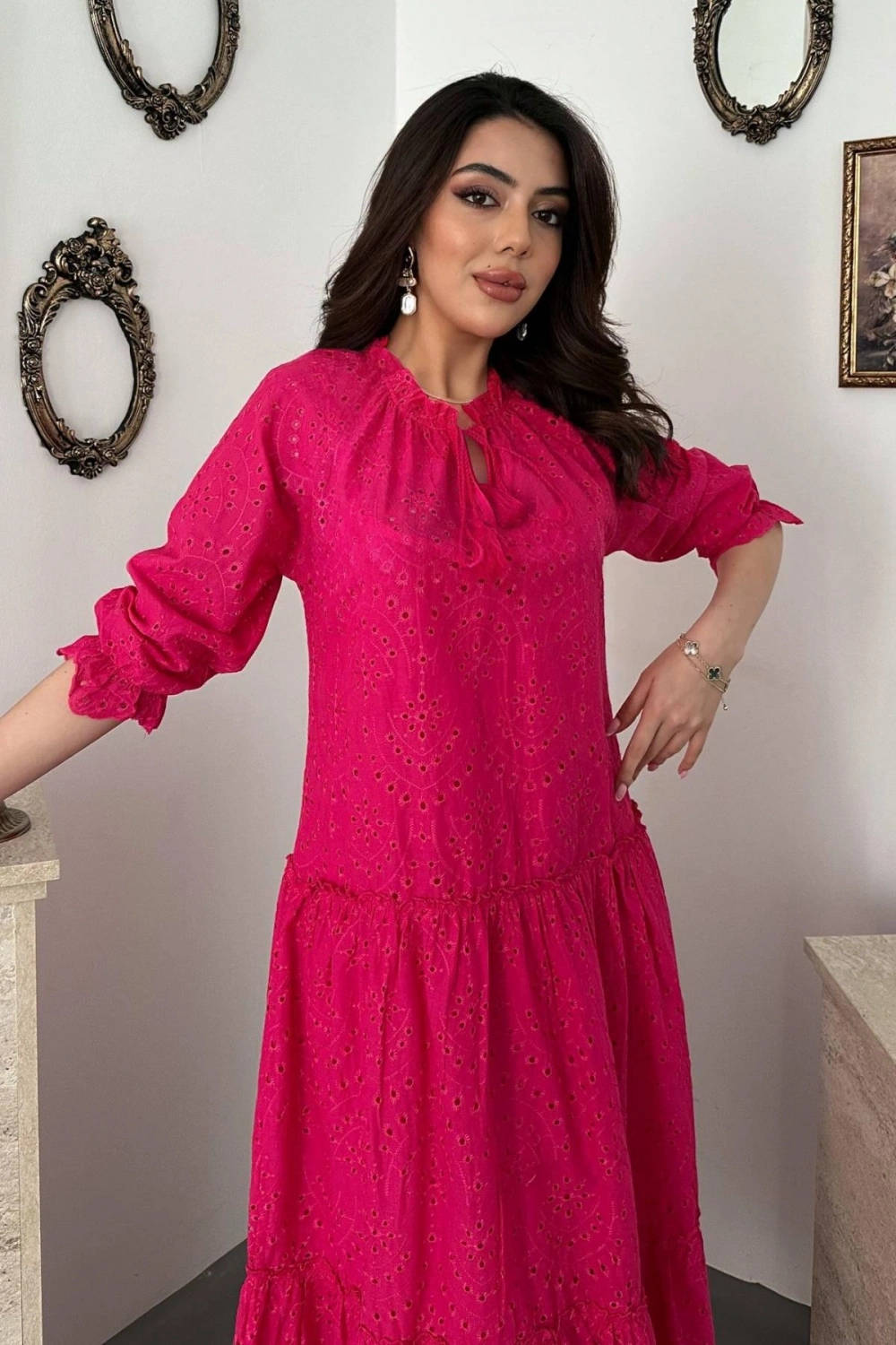 Fuşya Dantelli New Elbise