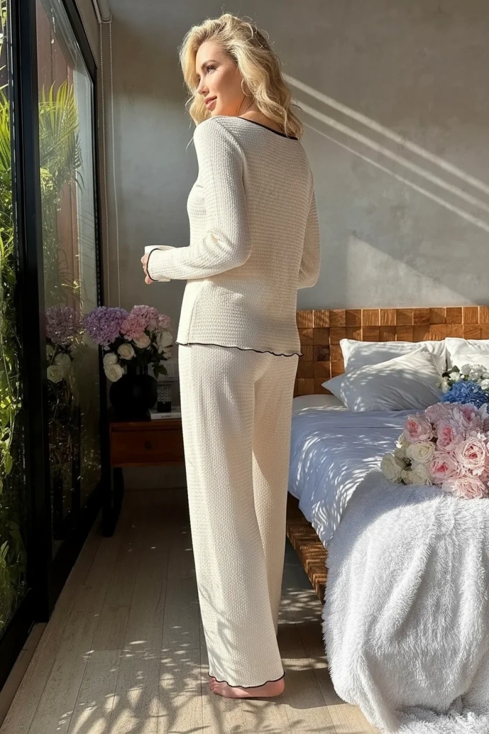 Kadın Beyaz Örme Kumaş V Yaka Düğmeli Rahat Şık Pijama Takımı