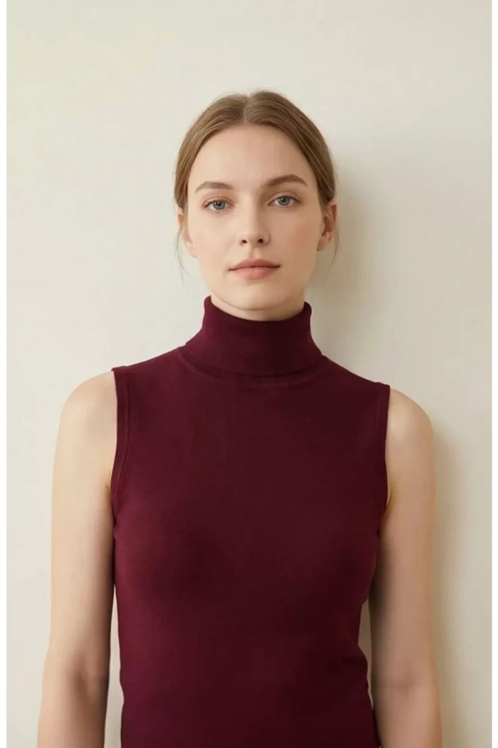 Kadın Bordo Kolsuz Balıkçı Yaka Basic Bluz