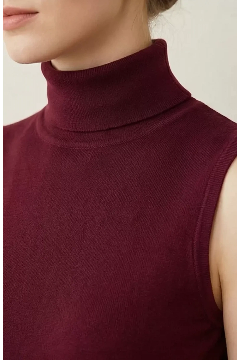 Kadın Bordo Kolsuz Balıkçı Yaka Basic Bluz