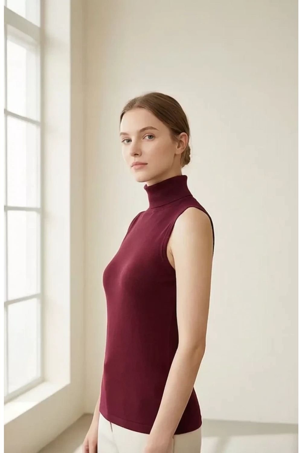 Kadın Bordo Kolsuz Balıkçı Yaka Basic Bluz
