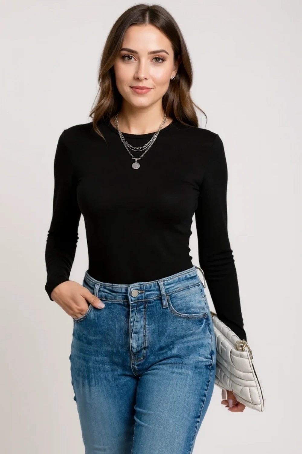 Kadın Siyah Uzun Kollu Fit Basic Crop Top Bluz