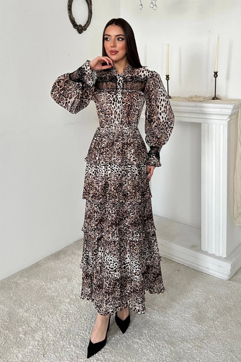 Leopar Pilise Detaylı Lastikli Elbise