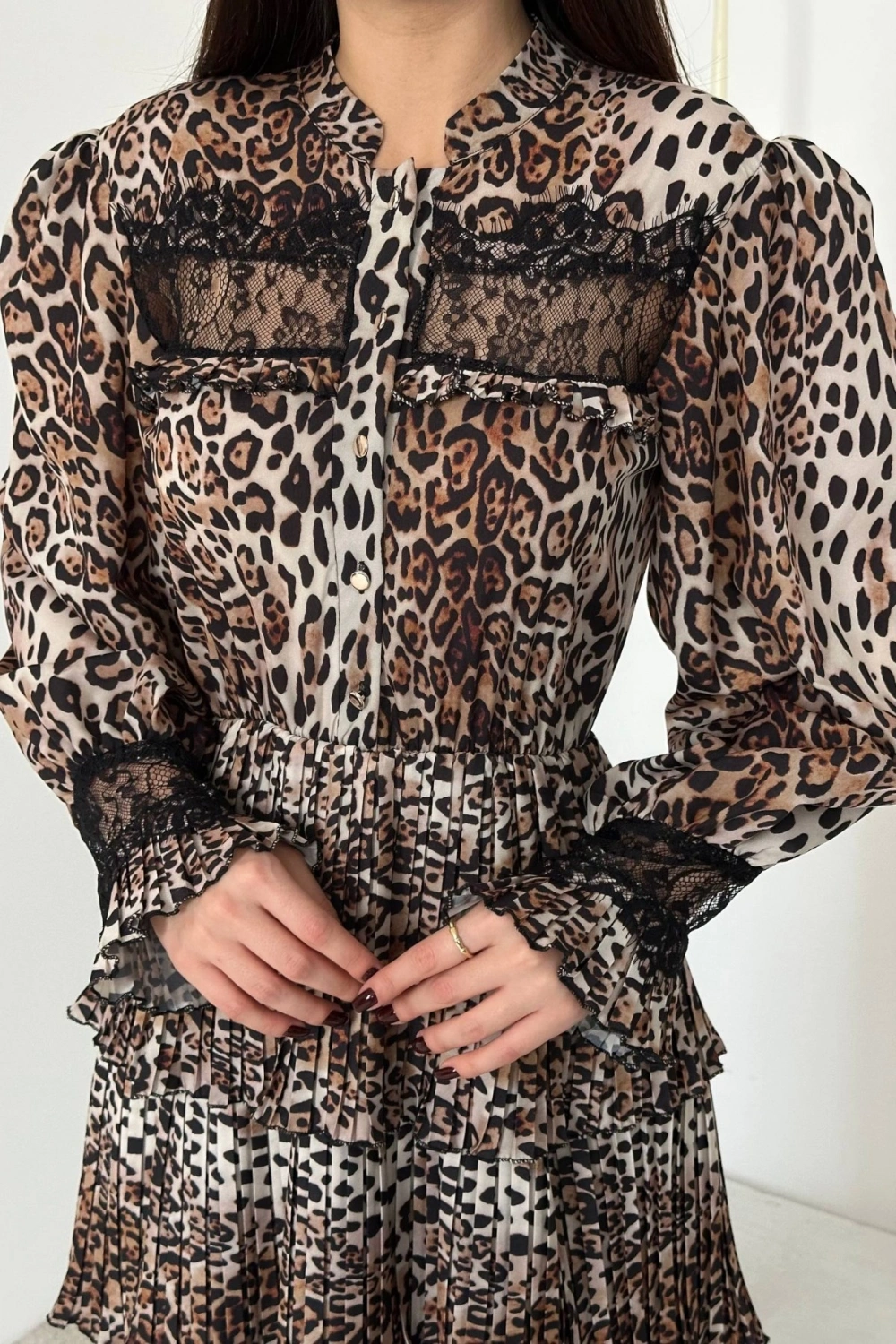 Leopar Pilise Detaylı Lastikli Elbise