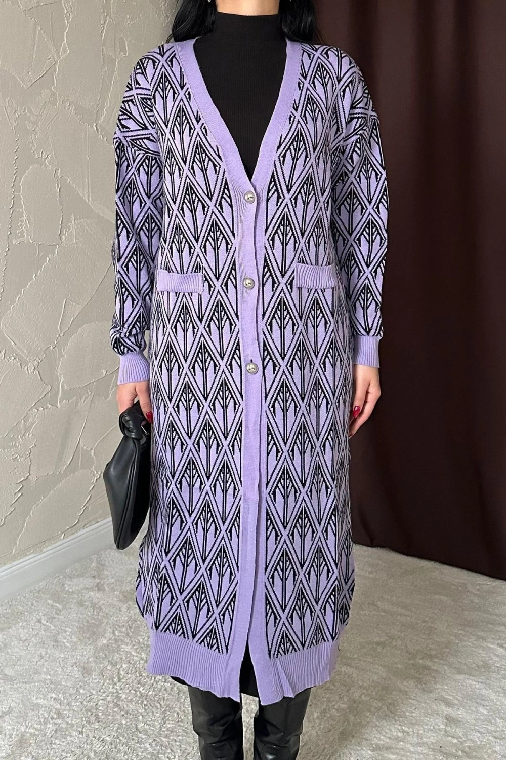 Lila Düğmeli Triko Hırka