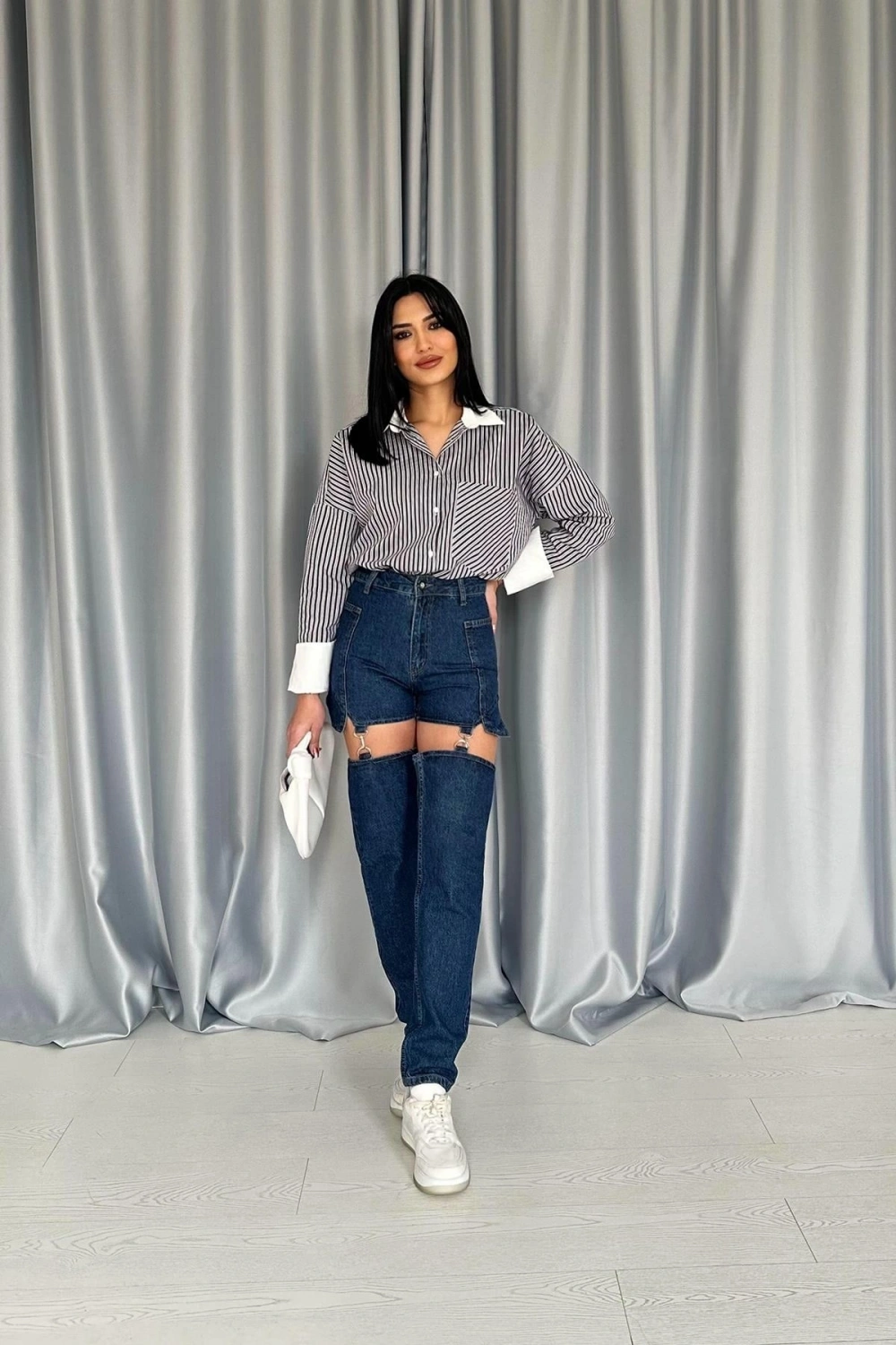Siyah Askılı İki Parça Jeans Pantolon