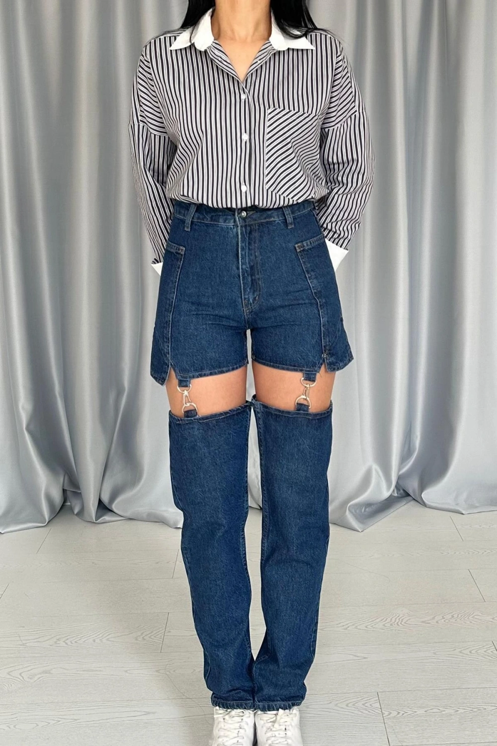 Siyah Askılı İki Parça Jeans Pantolon