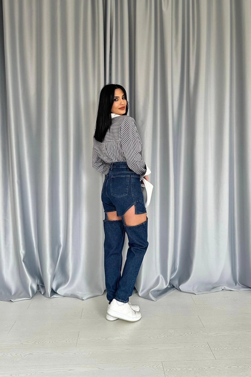 Siyah Askılı İki Parça Jeans Pantolon