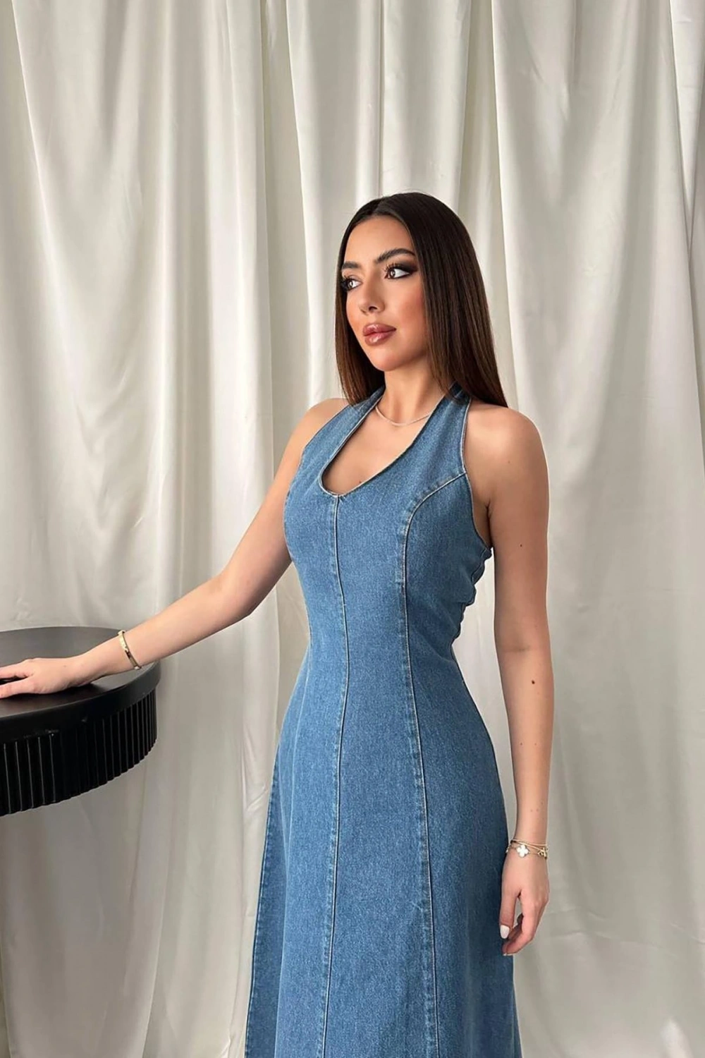 Mavi Halter Yaka Jean Elbise - Mavi