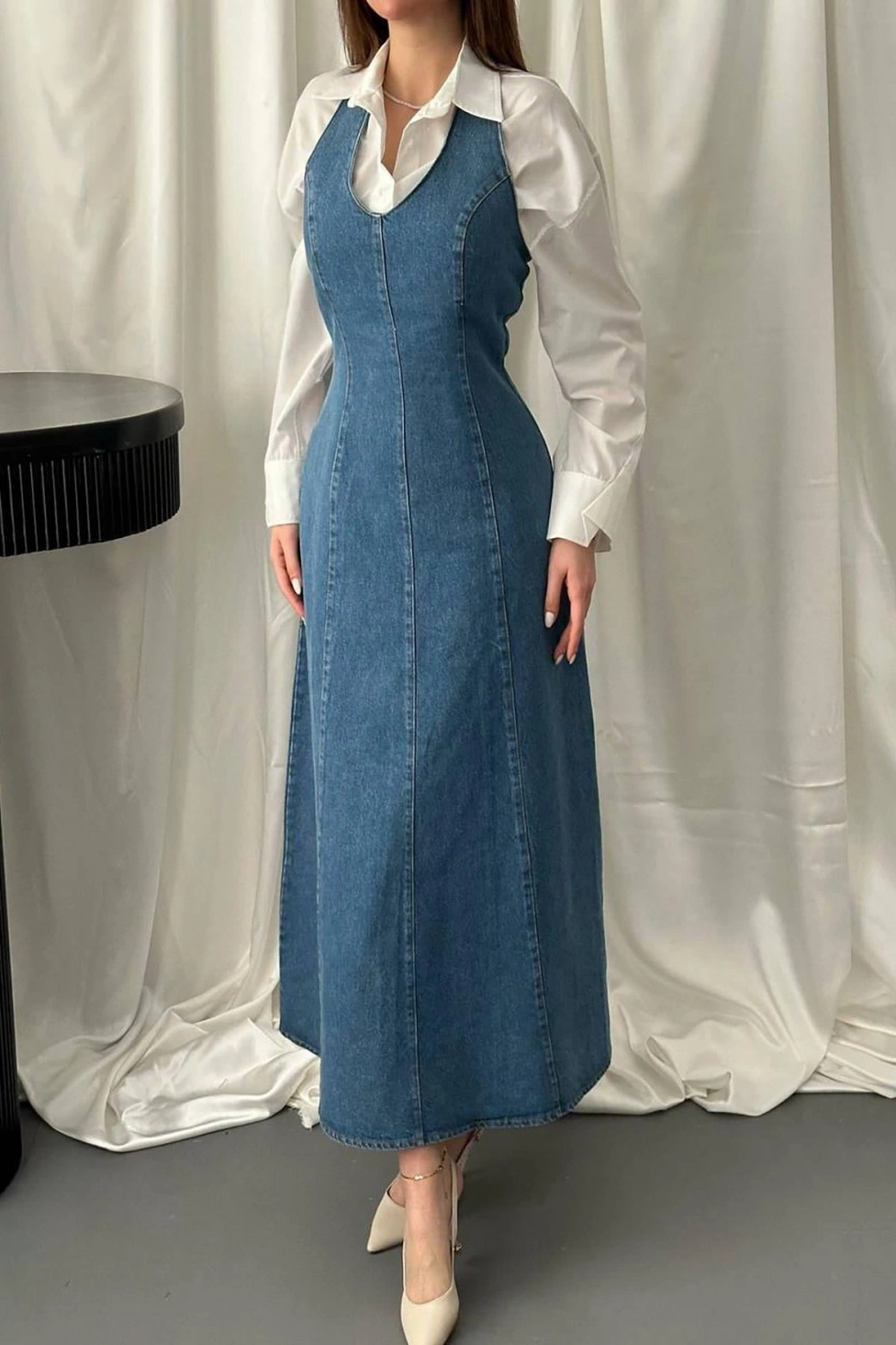 Mavi Halter Yaka Jean Elbise - Mavi