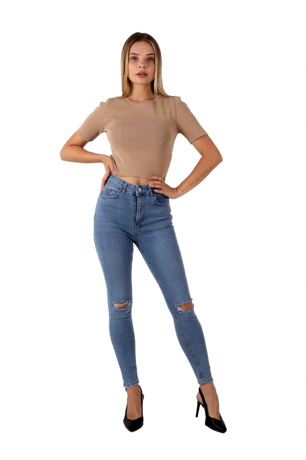 Mavi Renk Dar Paça Diz Yırtık Yüksek Bel Jeans - Mavi