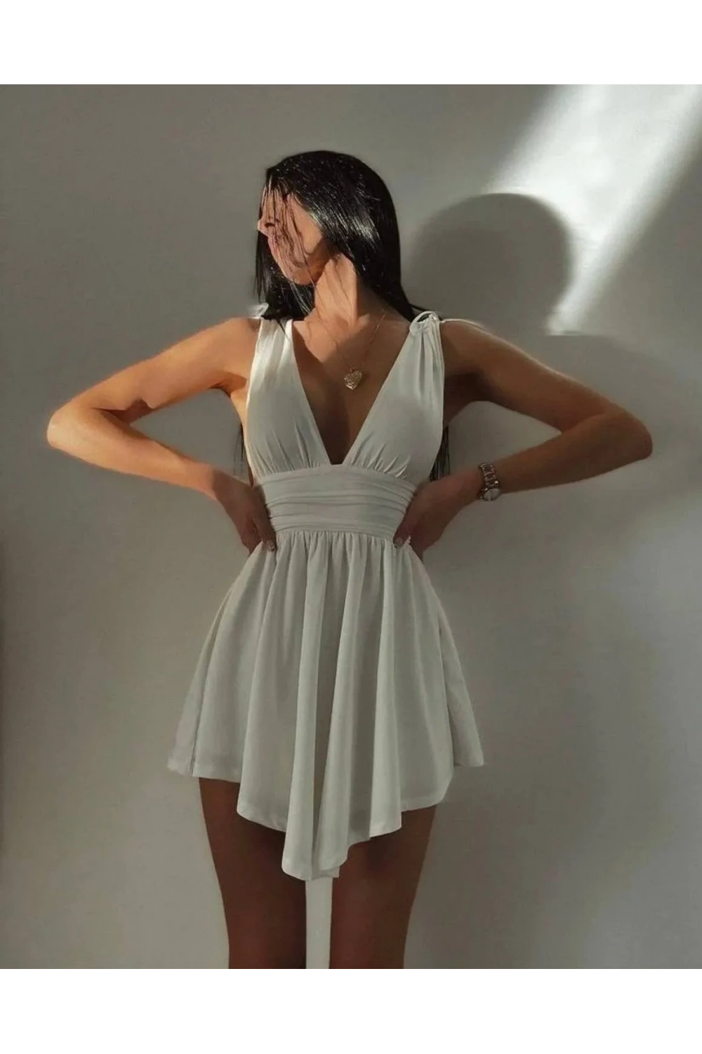 Şortlu Rahat Kumaş Mini Elbisesi Beyaz 4095