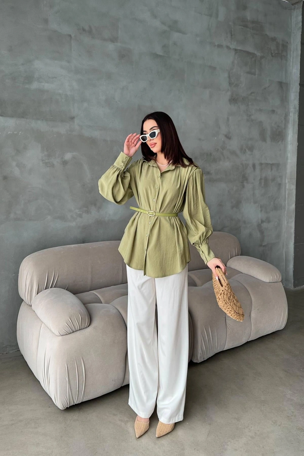 Olive Kemer Detaylı Modal Gömlek Yeşil