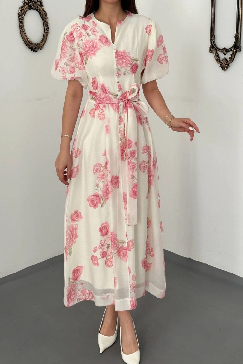 Mavi Pileli Balon Kollu Elbise