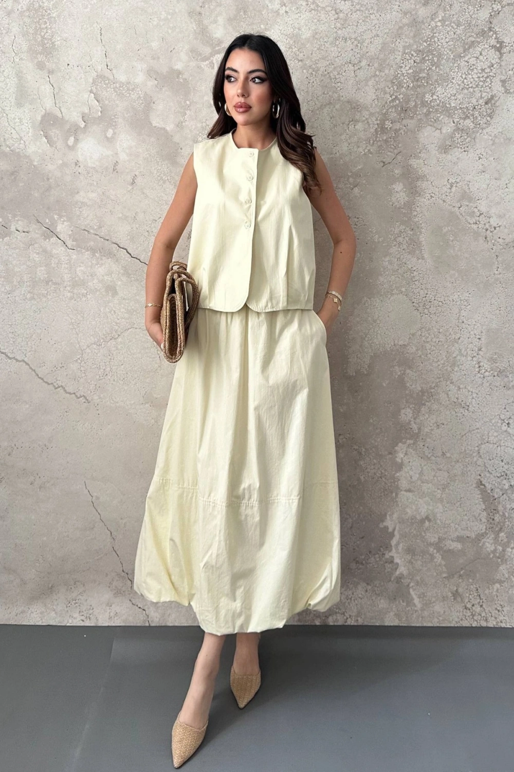 Olive Poplin Yelek Etek Takım