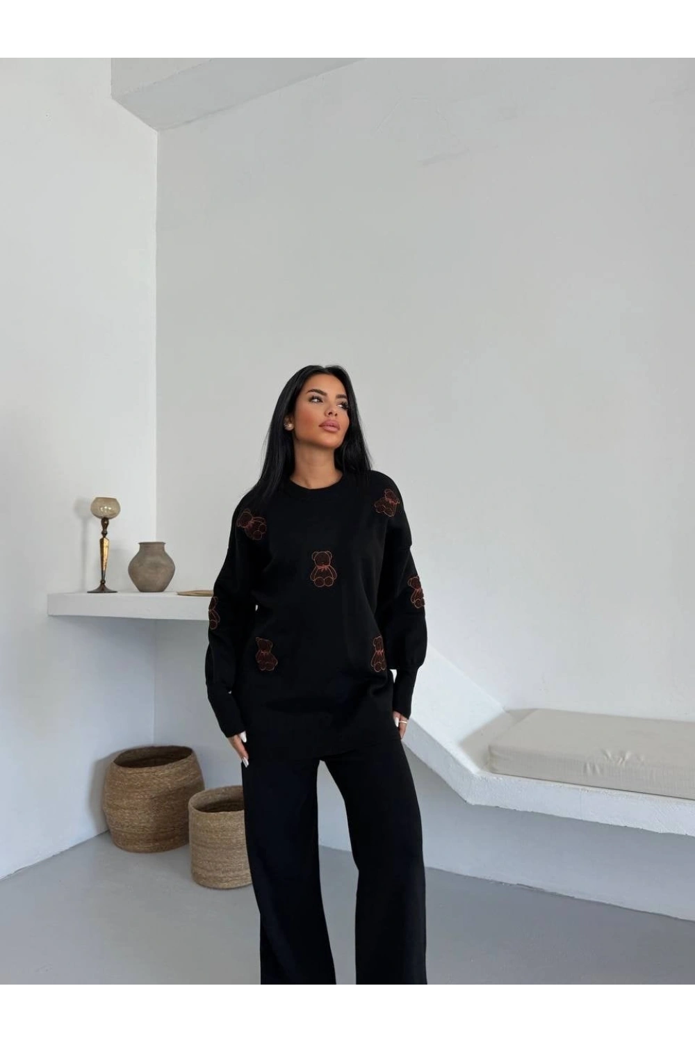 Siyah Ayıcık Desenli Oversize Triko Takım - Siyah