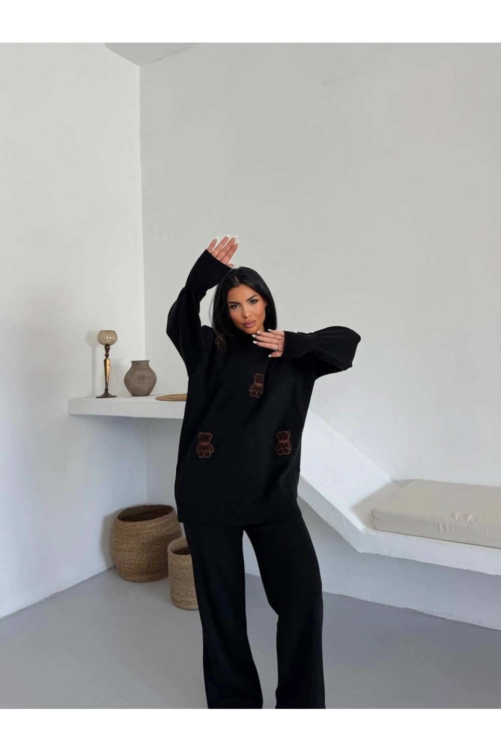 Siyah Ayıcık Desenli Oversize Triko Takım - Siyah