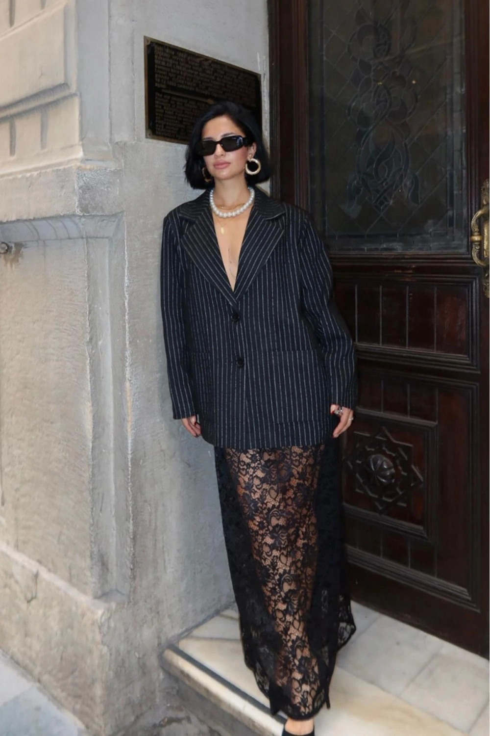 Gri Çizgili Oversize Ceket
