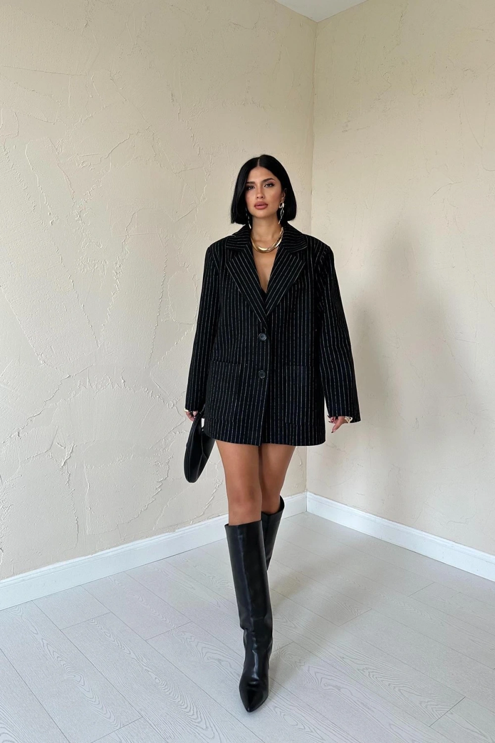 Gri Çizgili Oversize Ceket