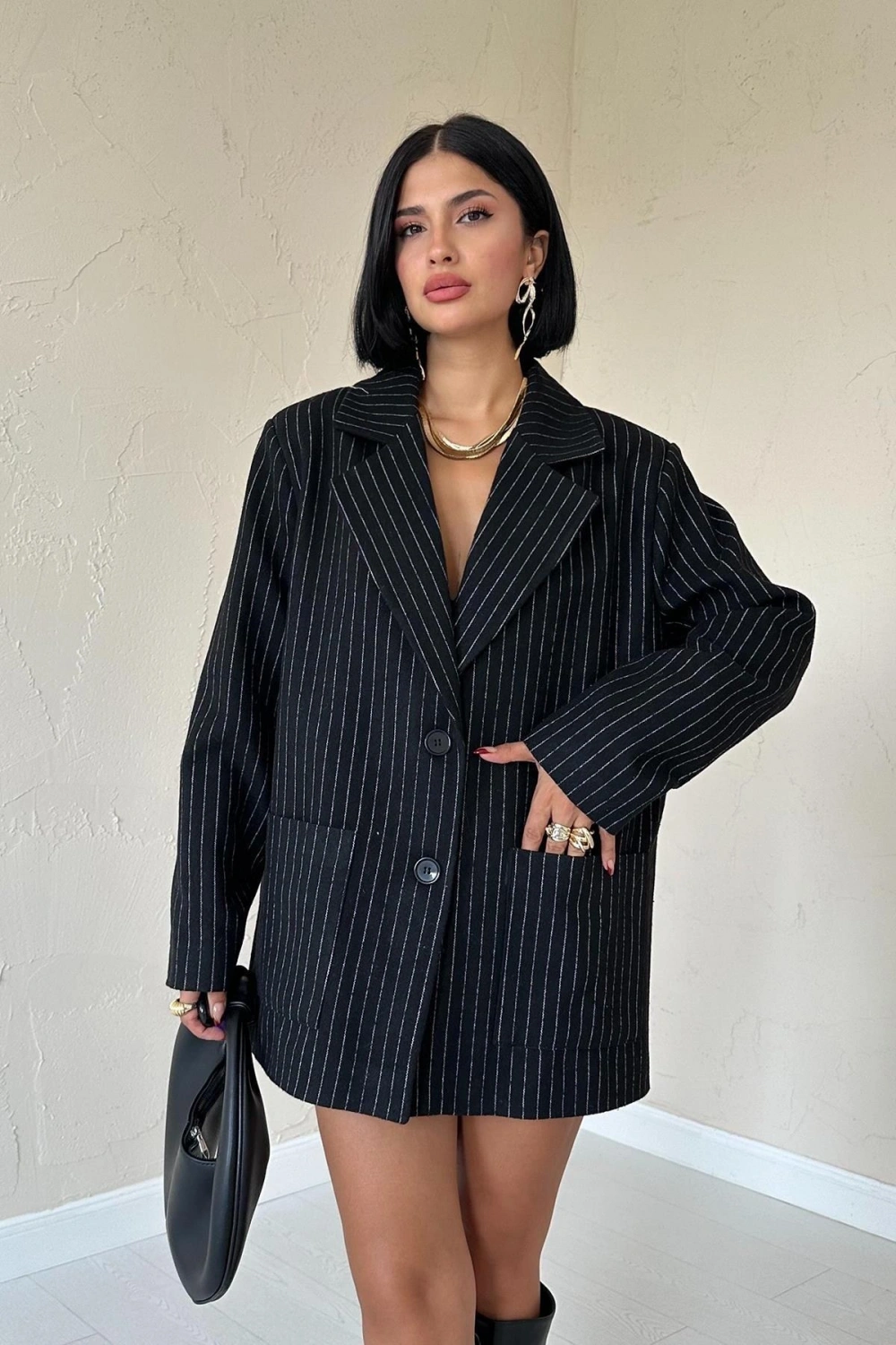 Gri Çizgili Oversize Ceket