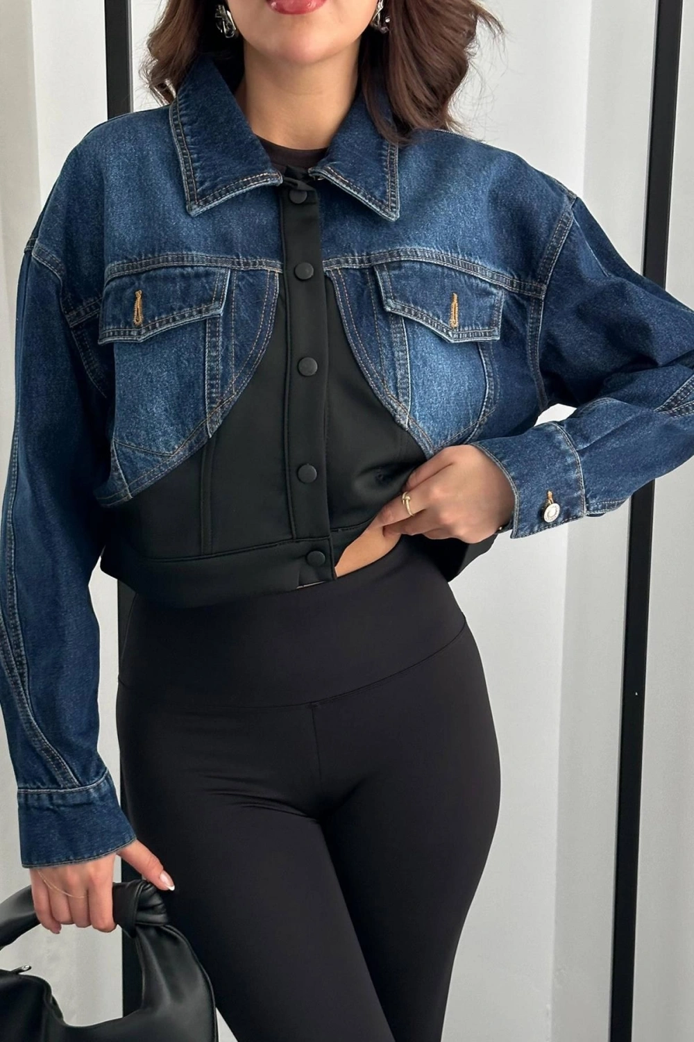 Siyah Denim Scuba Garnili Ceket