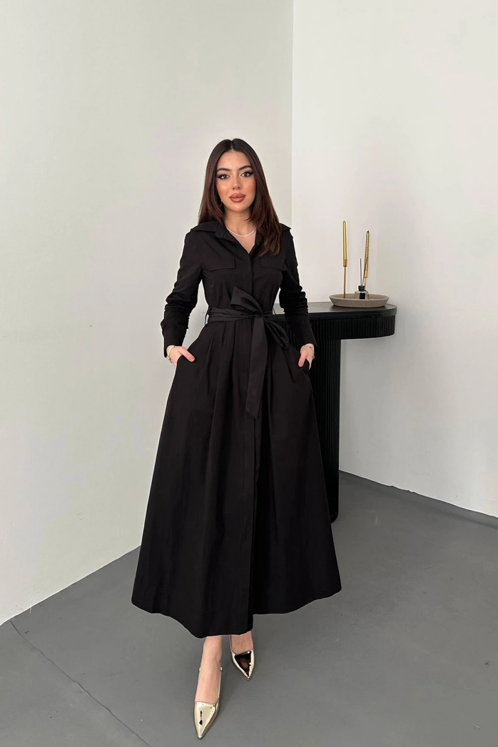 Lacivert Düğmeli Poplin Elbise - Lacivert