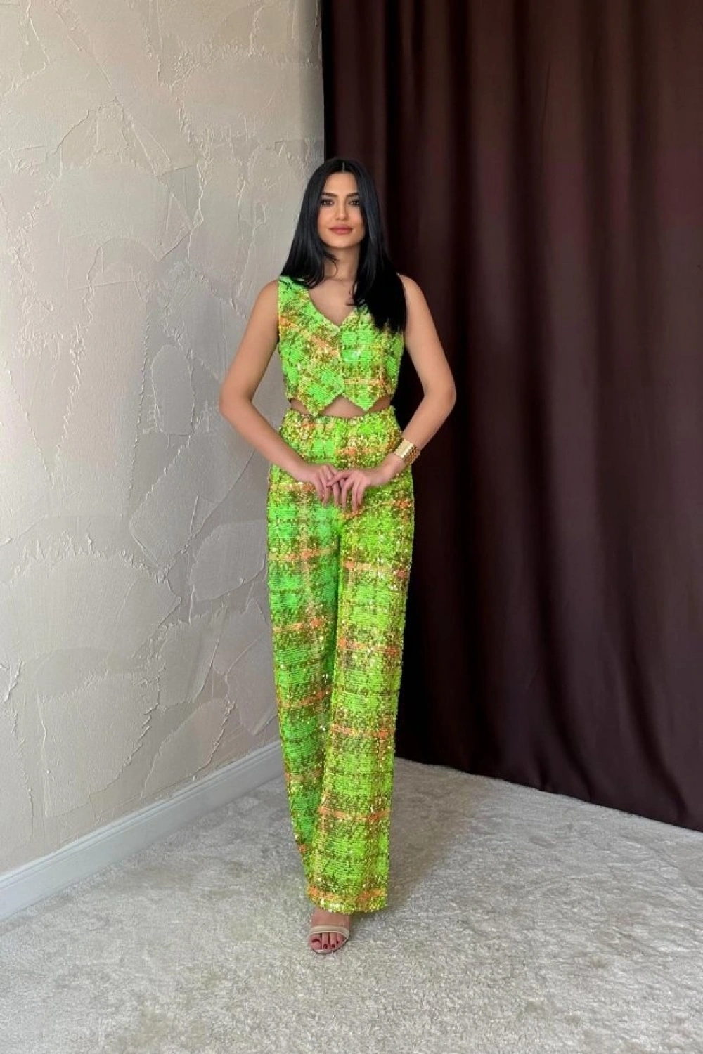 Yeşil Pullu Yelek Ve Pantolon Takım