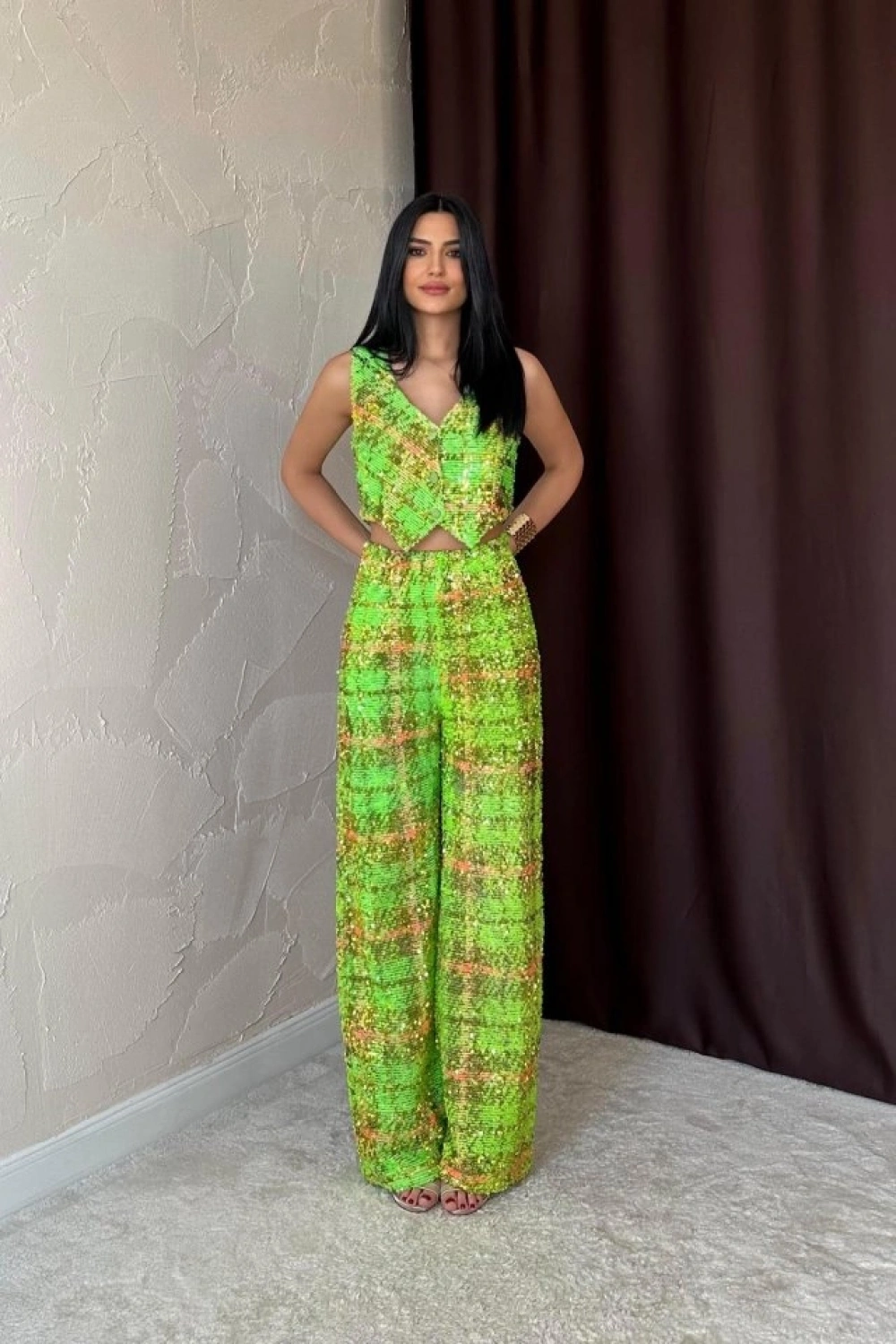 Yeşil Pullu Yelek Ve Pantolon Takım