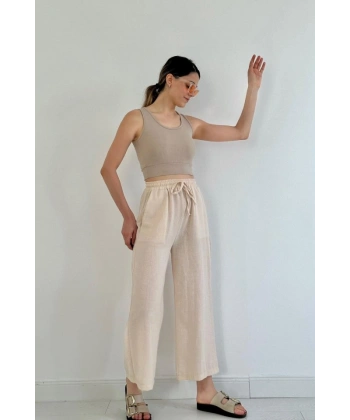 Bej Keten Pantolon