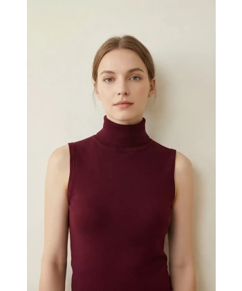 Kadın Bordo Kolsuz Balıkçı Yaka Basic Bluz