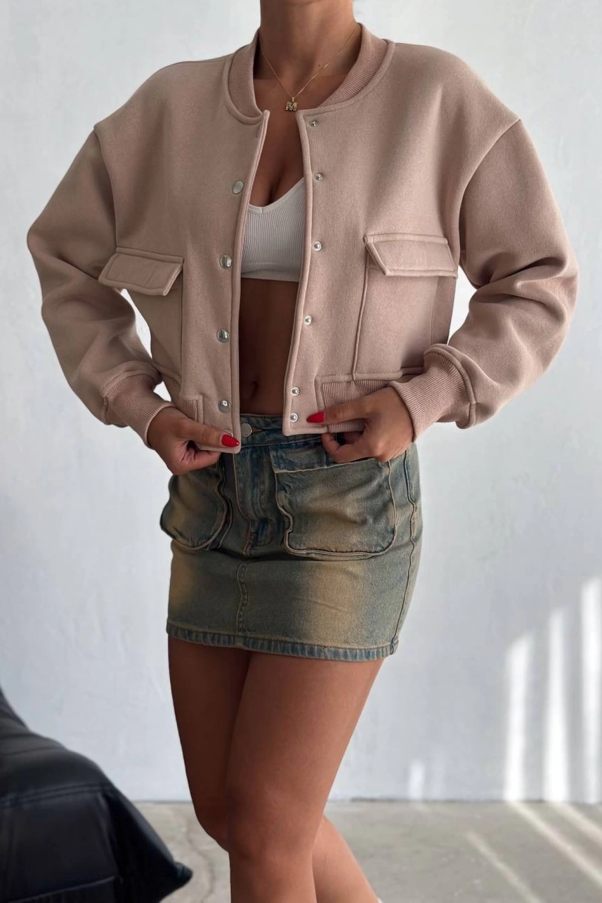 3 iplik şardonlu Önü çıtçıtlı cepli ceket bej f2226