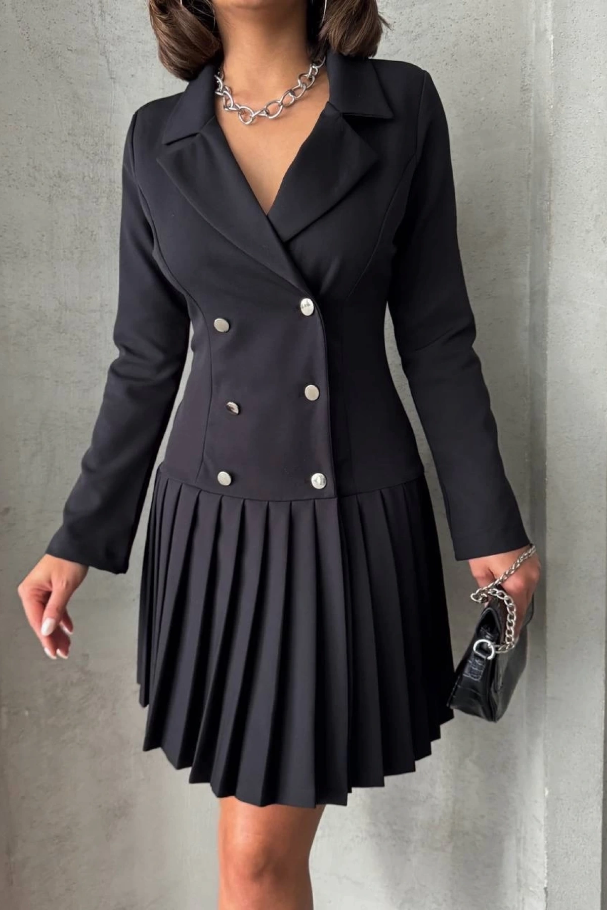 Altı piliseli uzun kollu ceket elbise siyah s255016