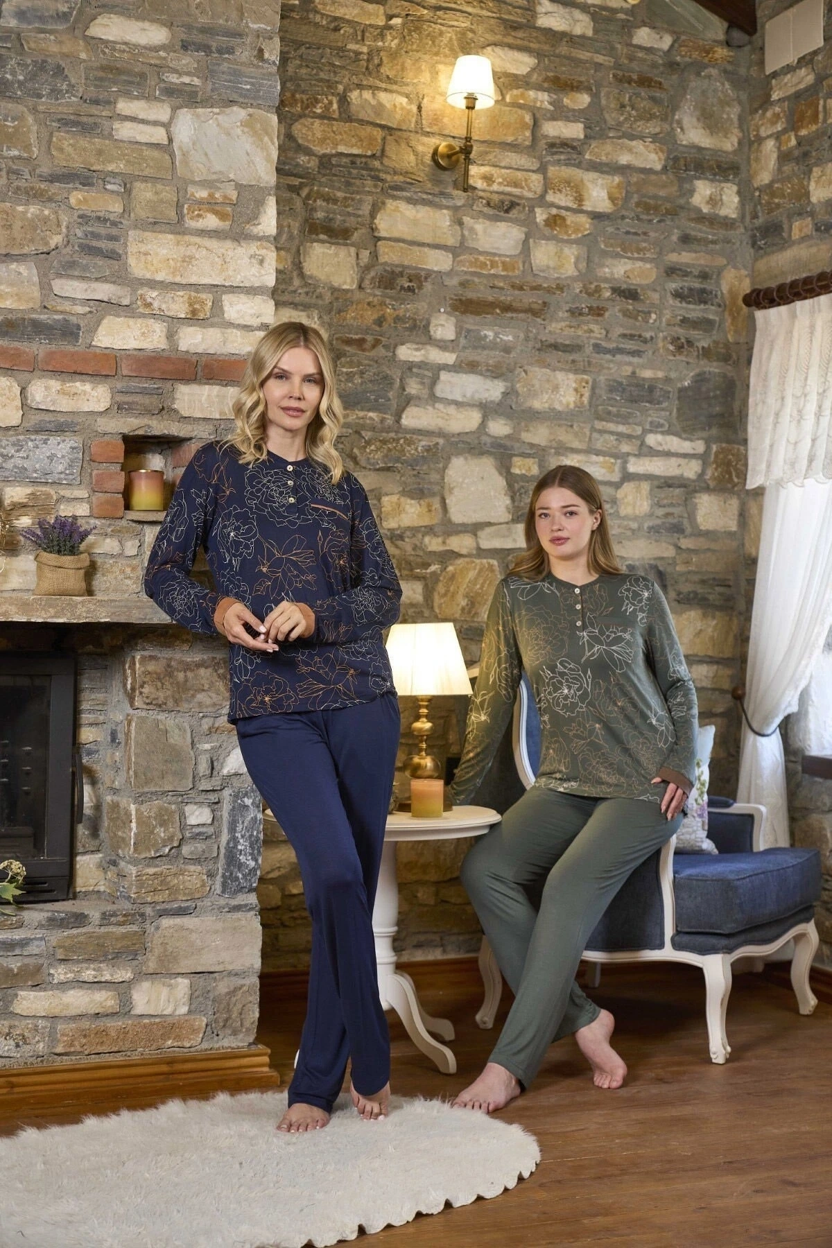 Aqua 26348 Kadın Battal Desenli Uzun Kol Pijama Takım