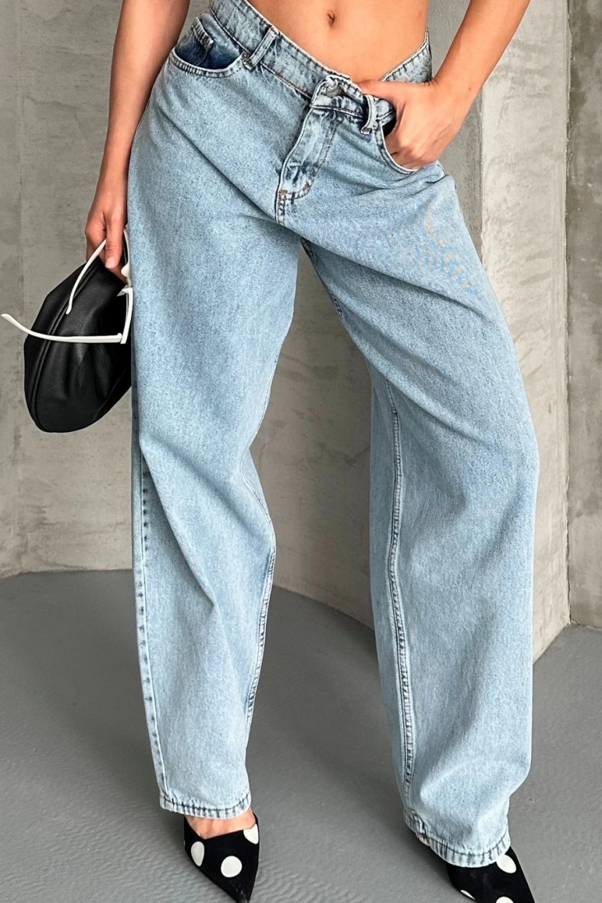 Baggy kar yıkama buz mavi jeans pantolon d2007