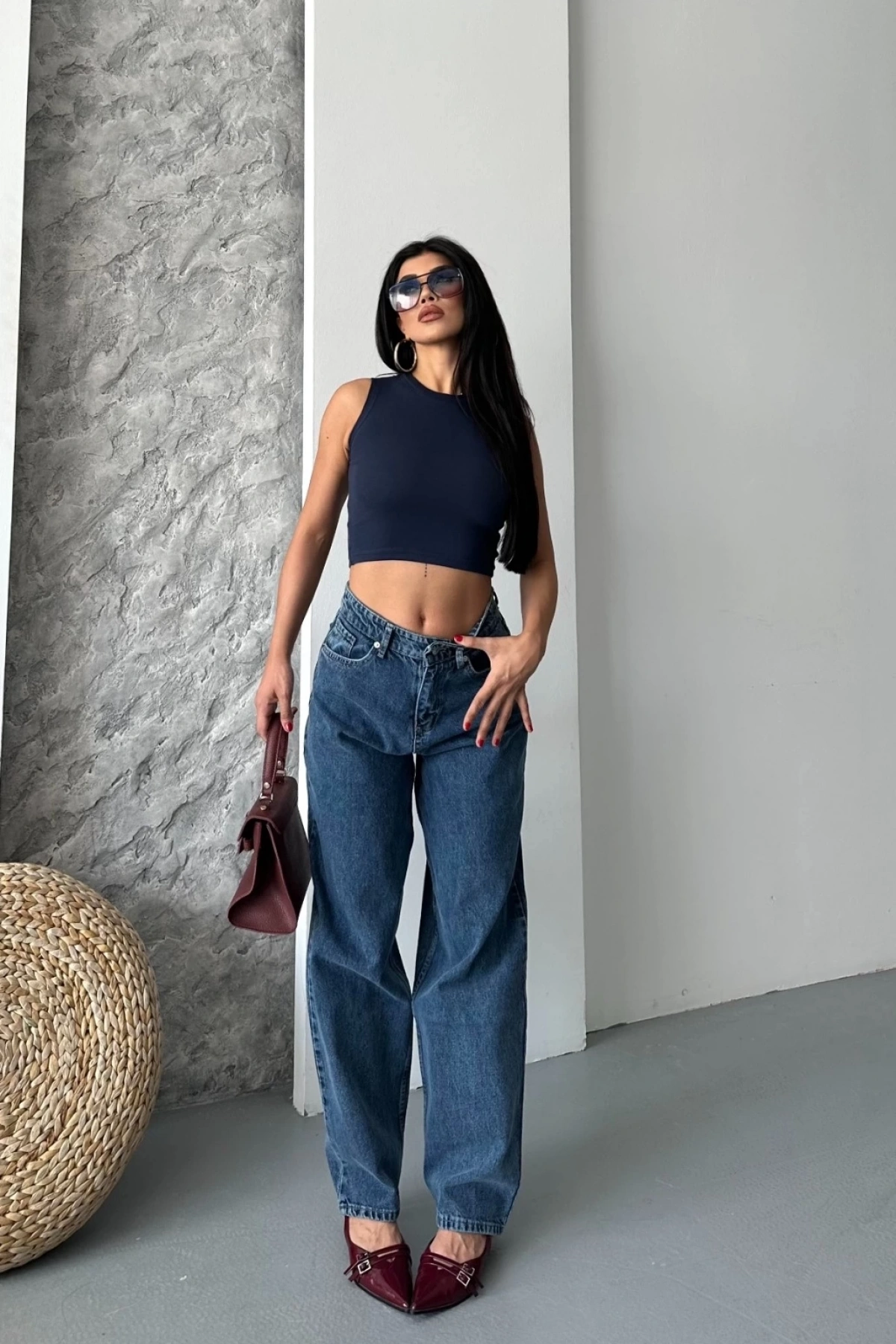 Baggy kar yıkama jeans pantolon koyu mavi d2007