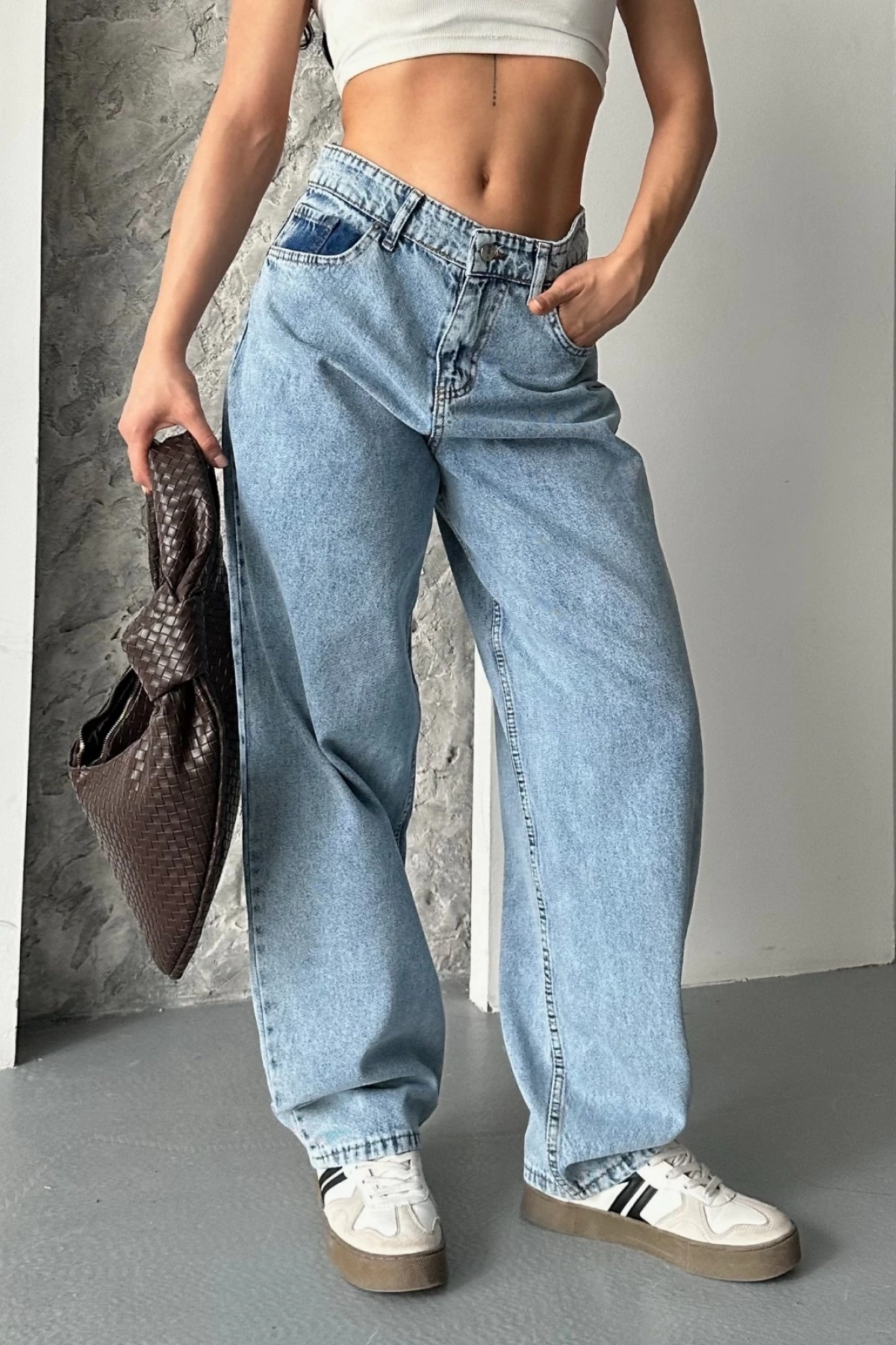 Baggy kar yıkama orta mavi jeans pantolon d2007