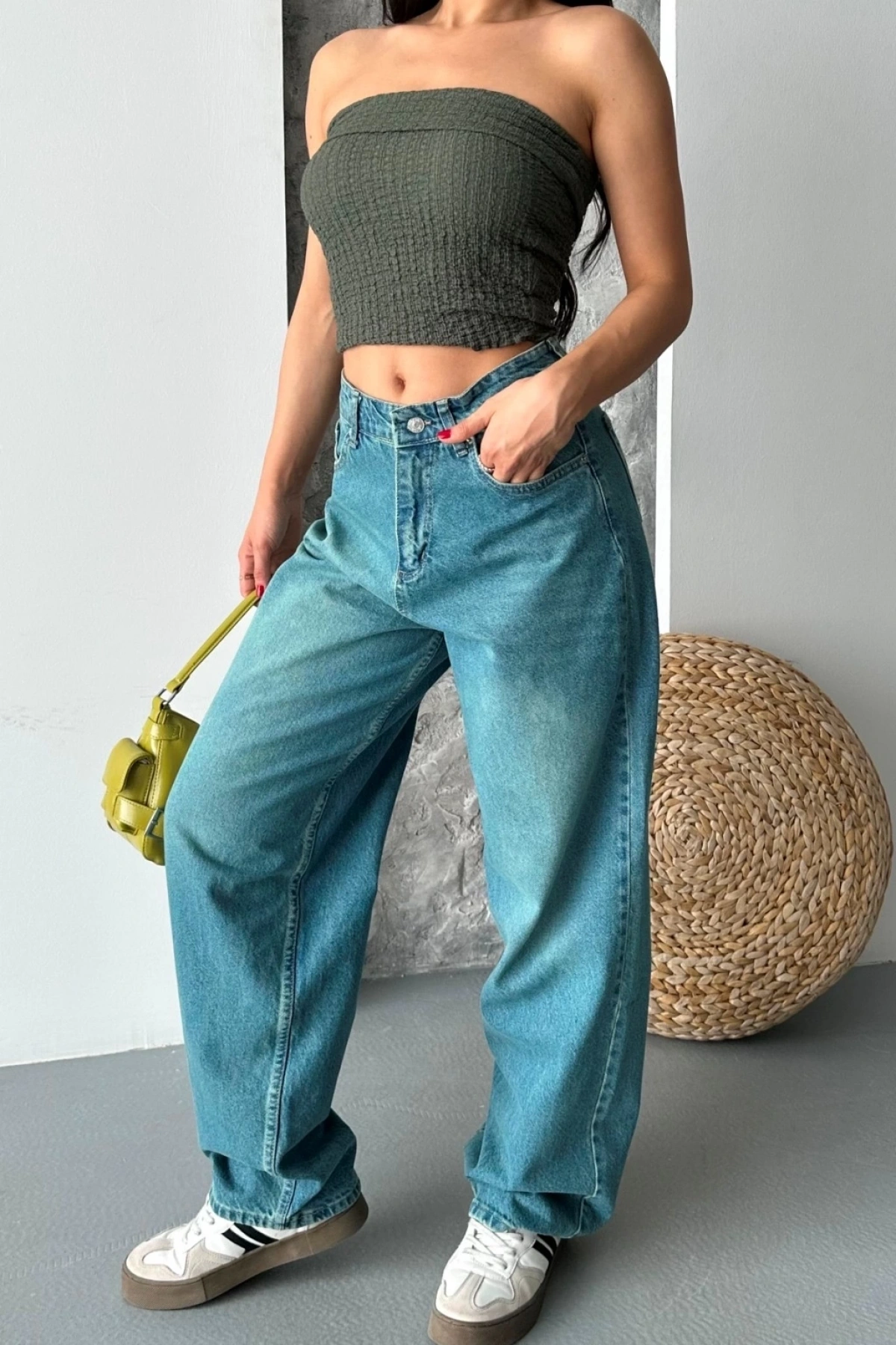 Baggy taş enzim bıyık yıkama jeans pantolon yeşil tint d2007