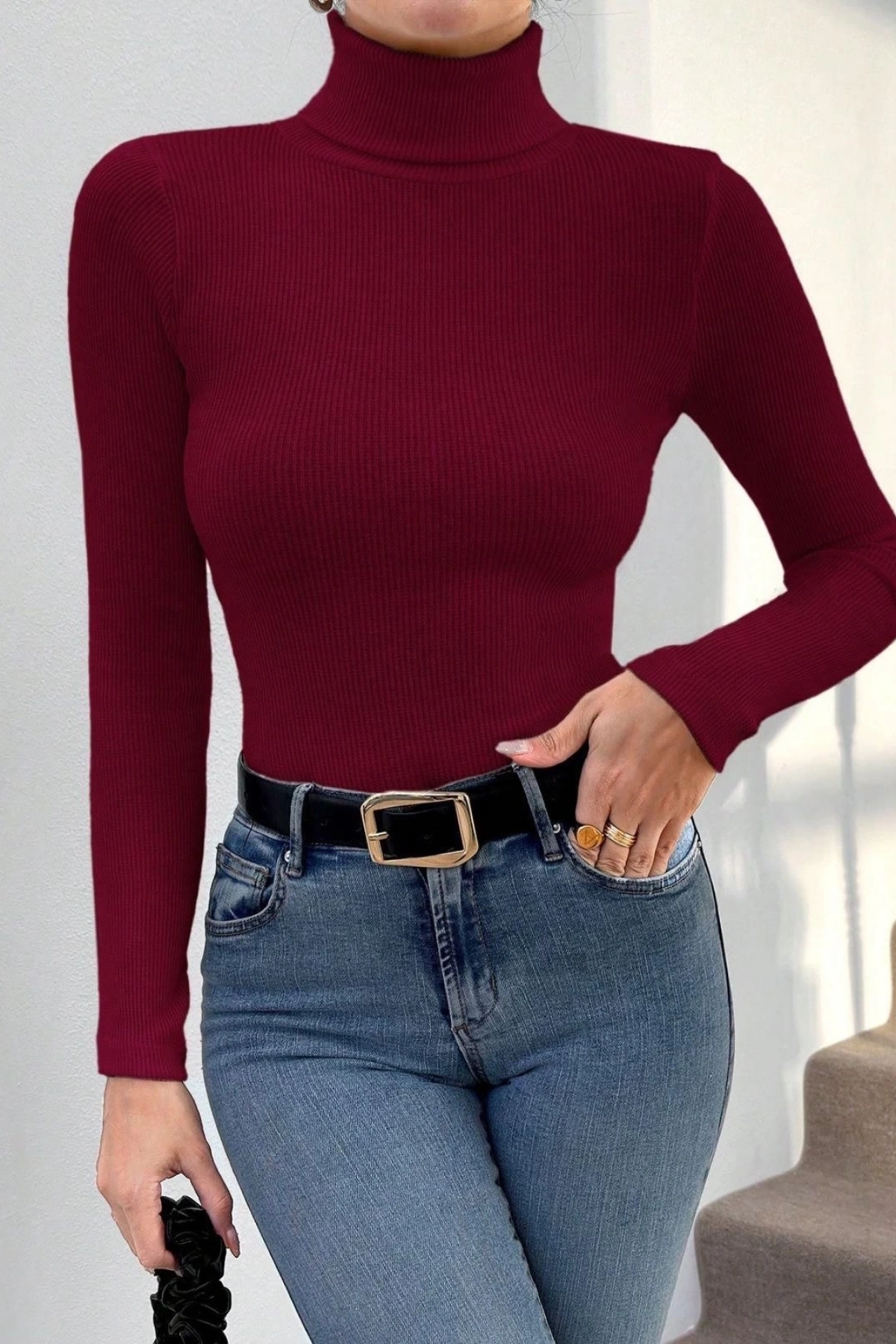 Balıkçı yaka dar kesim kaşkorse kazak Bordo