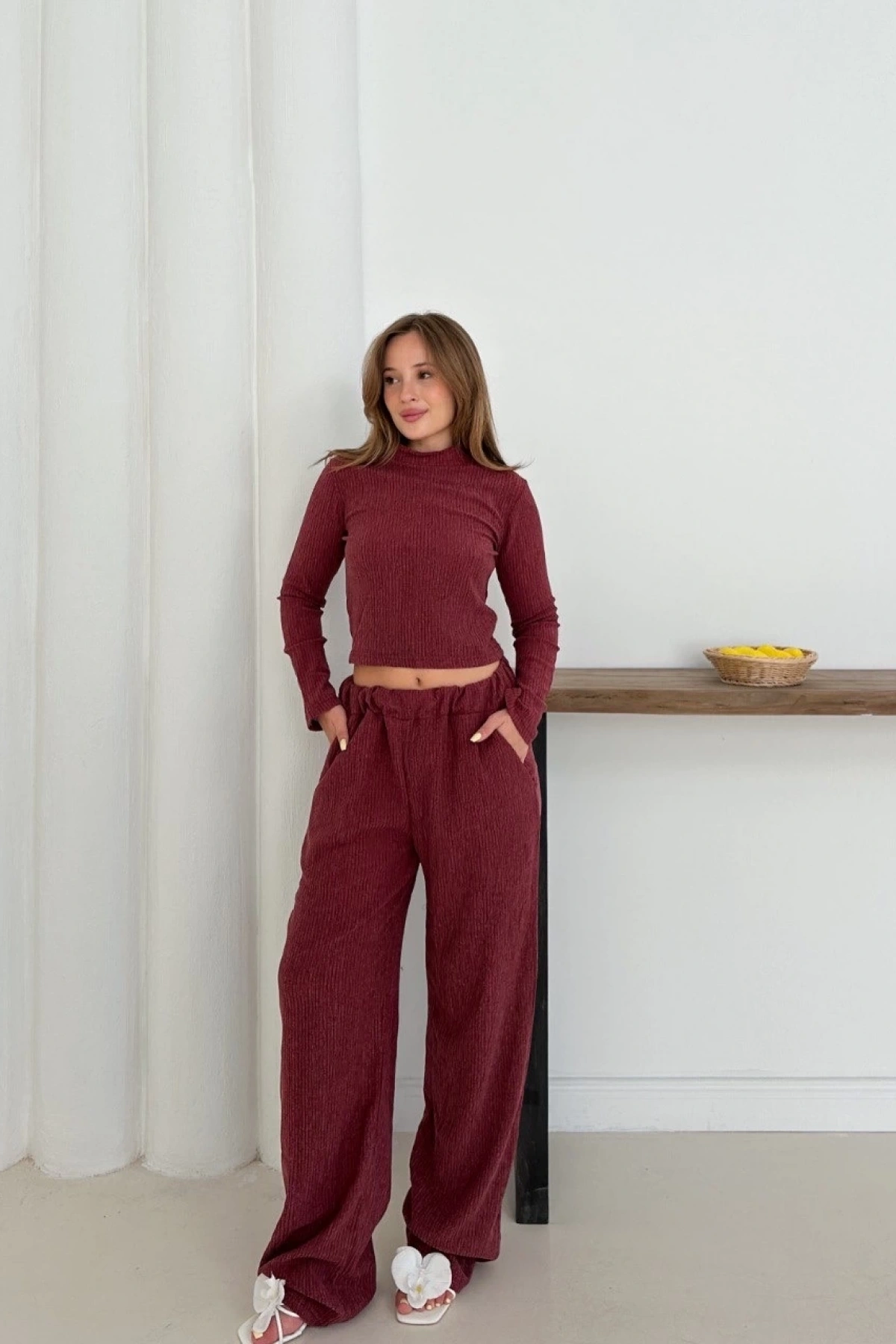 Balıkçı yaka örme takım bordo st265865