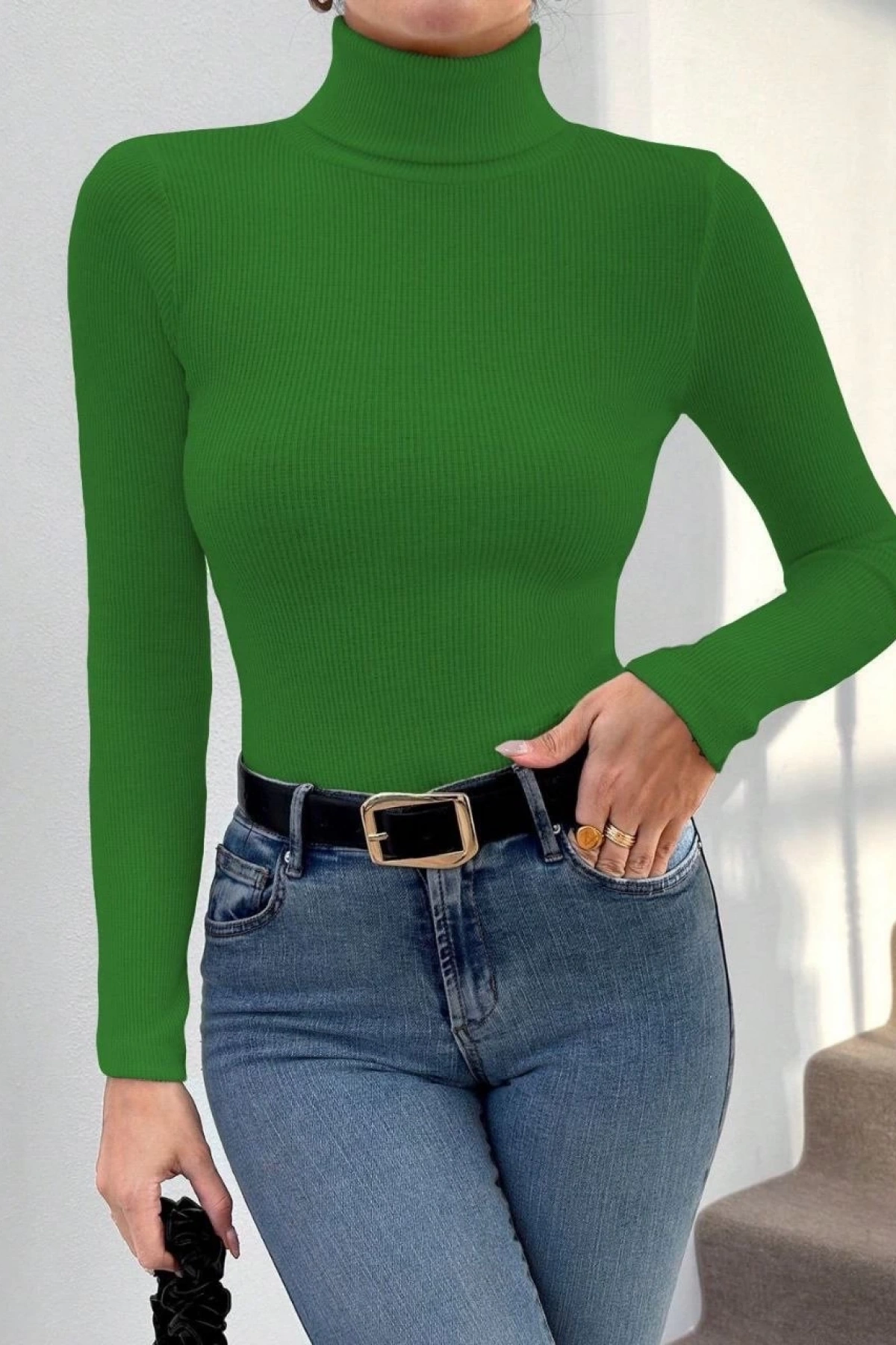 Başıkçı yaka dar kesim kaşkorse kazak yeşil w3103