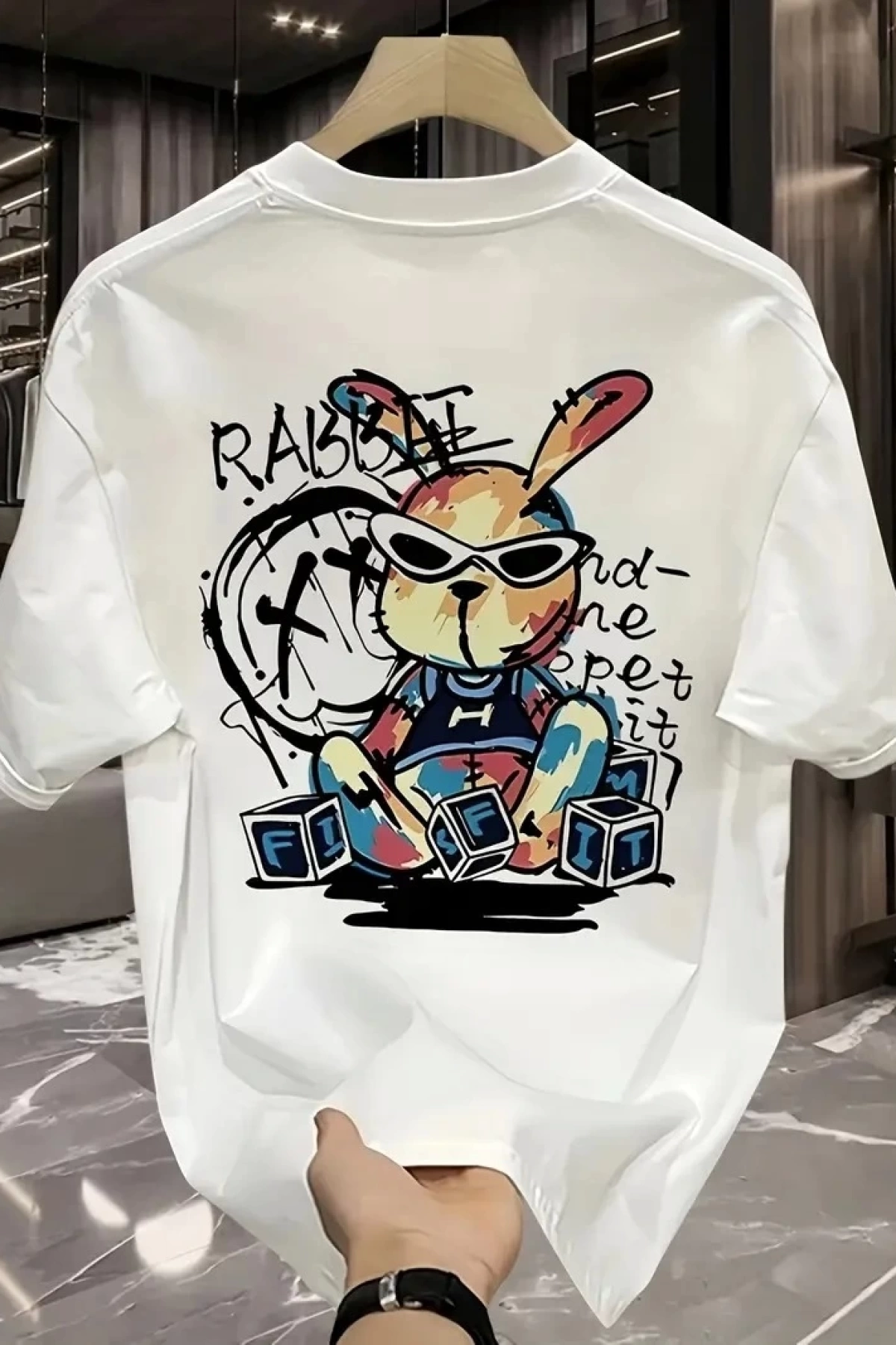 Güneş Gözlüğü Grafikli Karikatür Tavşan Oversize Kısa Kollu Tişört Çift Tişört, İlkbahar Ve Yaz - Beyaz