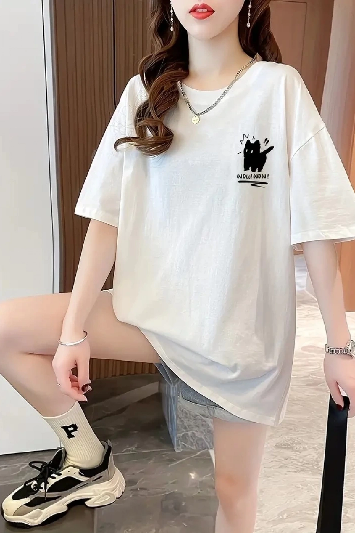20/1 Penye Compack Tatlı Kedi Baskılı Oversize Bisiklet Yaka T-shirt - Beyaz