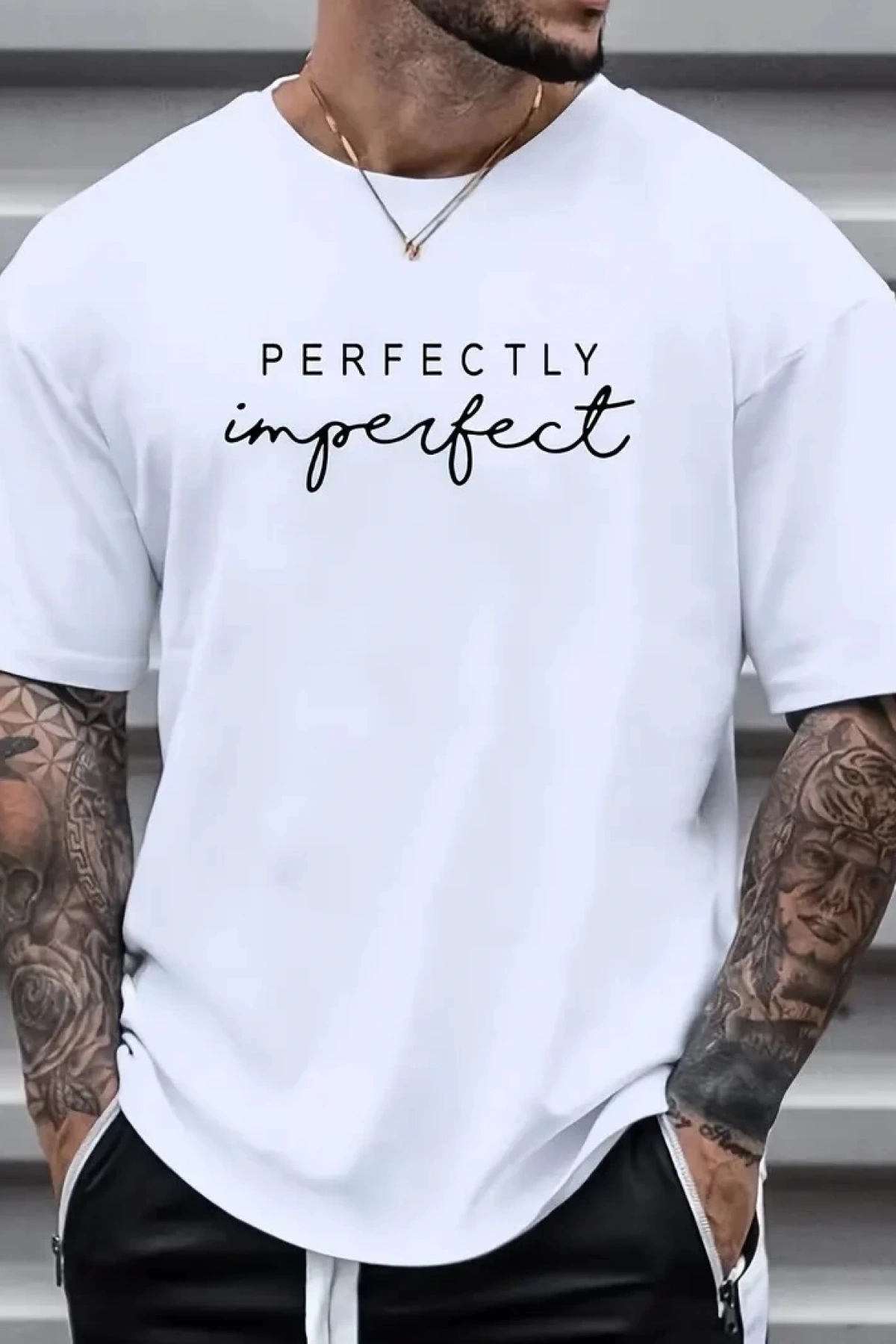 erkekler için Ön Arka Baskılı PERFECTLY günlük Kısa Kol tişört - Beyaz