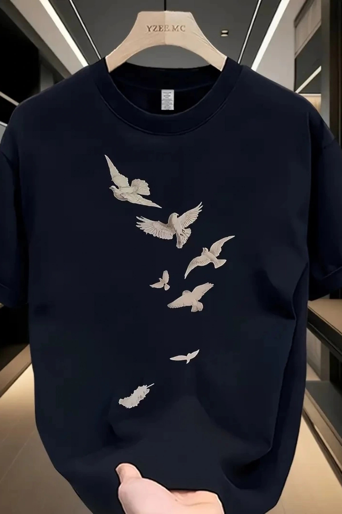 20/1 Penye Compack Özgür kuşlar Baskılı Baskılı Oversize Bisiklet Yaka T-shirt - Beyaz