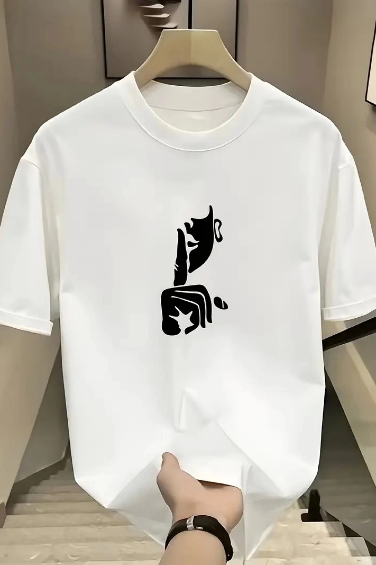 Rahat Bisiklet Yaka Tişört, Yaratıcı Karikatür Baskı - Yumuşak Polyester, Her Mevsim Giyilebilir- Beyaz