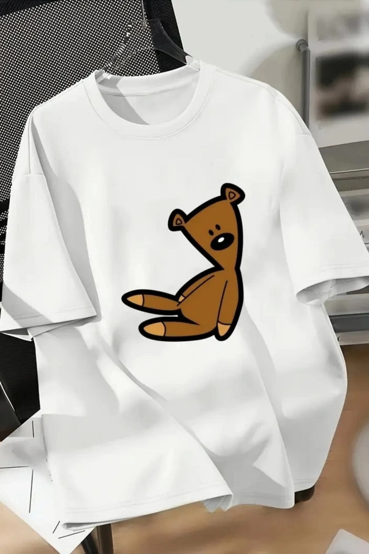 Ayı Baskılı Oversize Bisiklet Yaka T-shirt - Beyaz