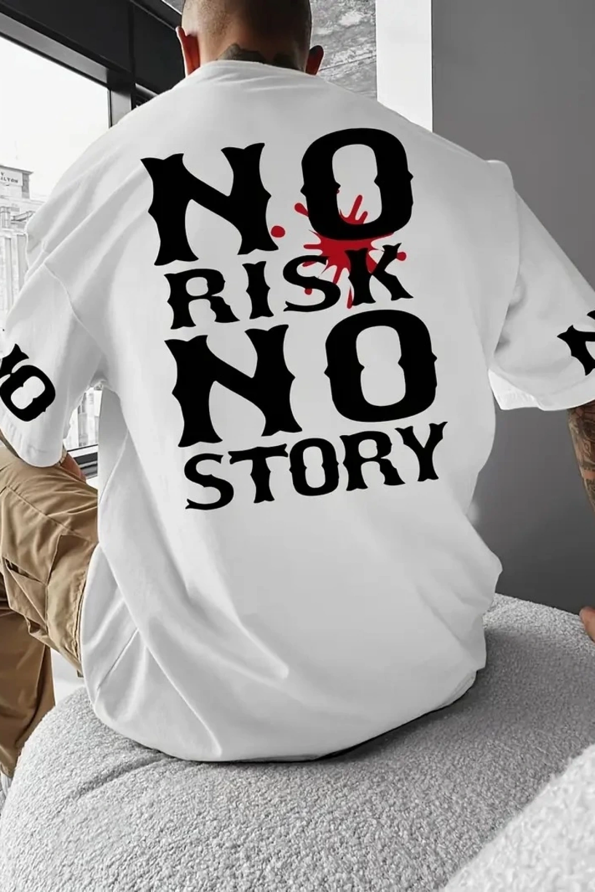 No Risk No Story Baskılı Oversize Bisiklet Yaka T-shirt - Beyaz