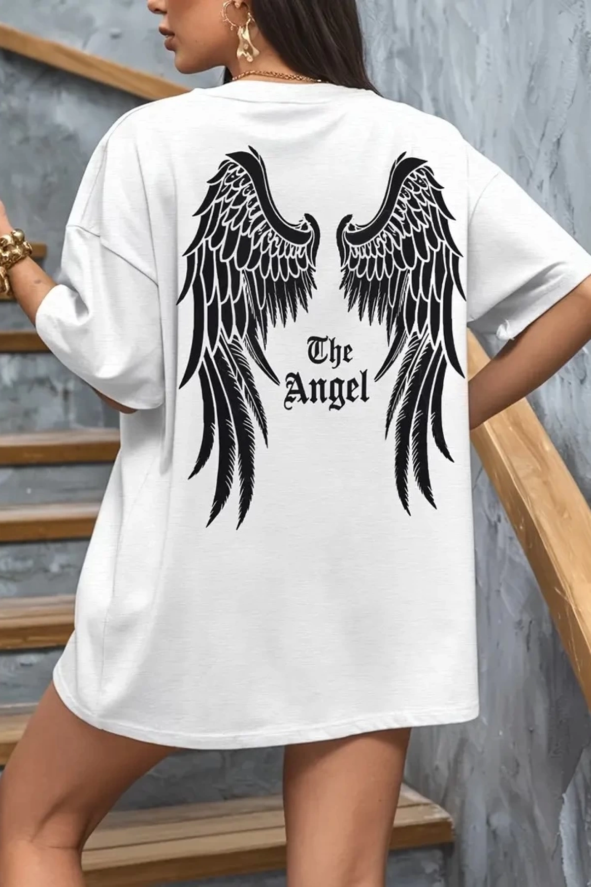 Dark Angel Baskılı Oversize T-shirt- Beyaz