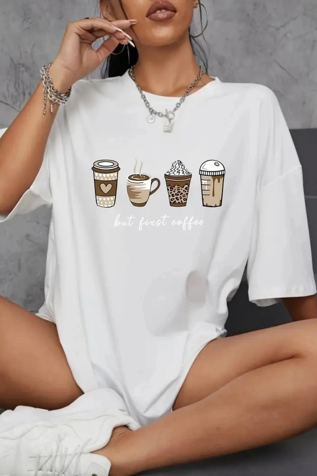 20/1 Penye Compack Baskılı Oversize Kahve Desenli Kadın Kısa Kol T-shirt - Beyaz